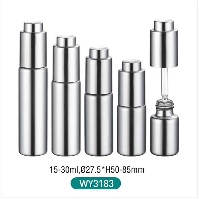 15ml 20ml 25ml 30ml 35ml เงินทรงกลมหลอดขวดแก้วพร้อมปั๊มเงิน Dropper สำหรับบรรจุภัณฑ์เครื่องสำอางและขวดเซรั่ม