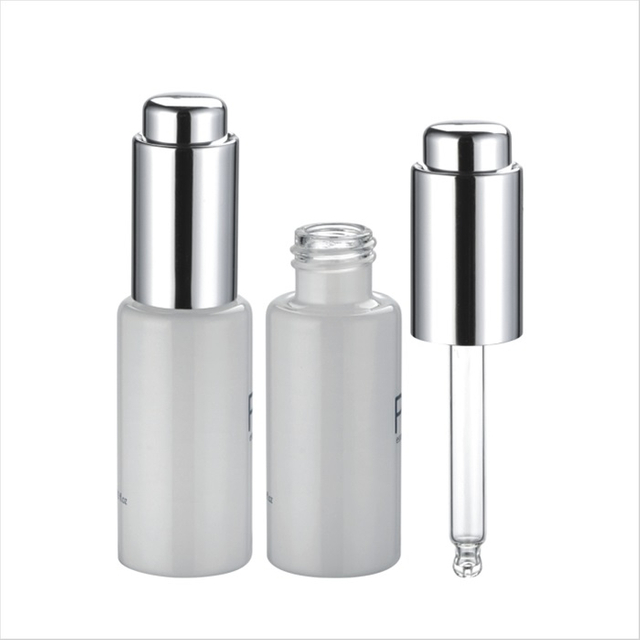 8 ml 10 ml 15 ml 20 ml 25 ml 30 ml 35 ml 40 ml witte ronde glazen fles met glanzende zilveren pompdruppelaar voor serum